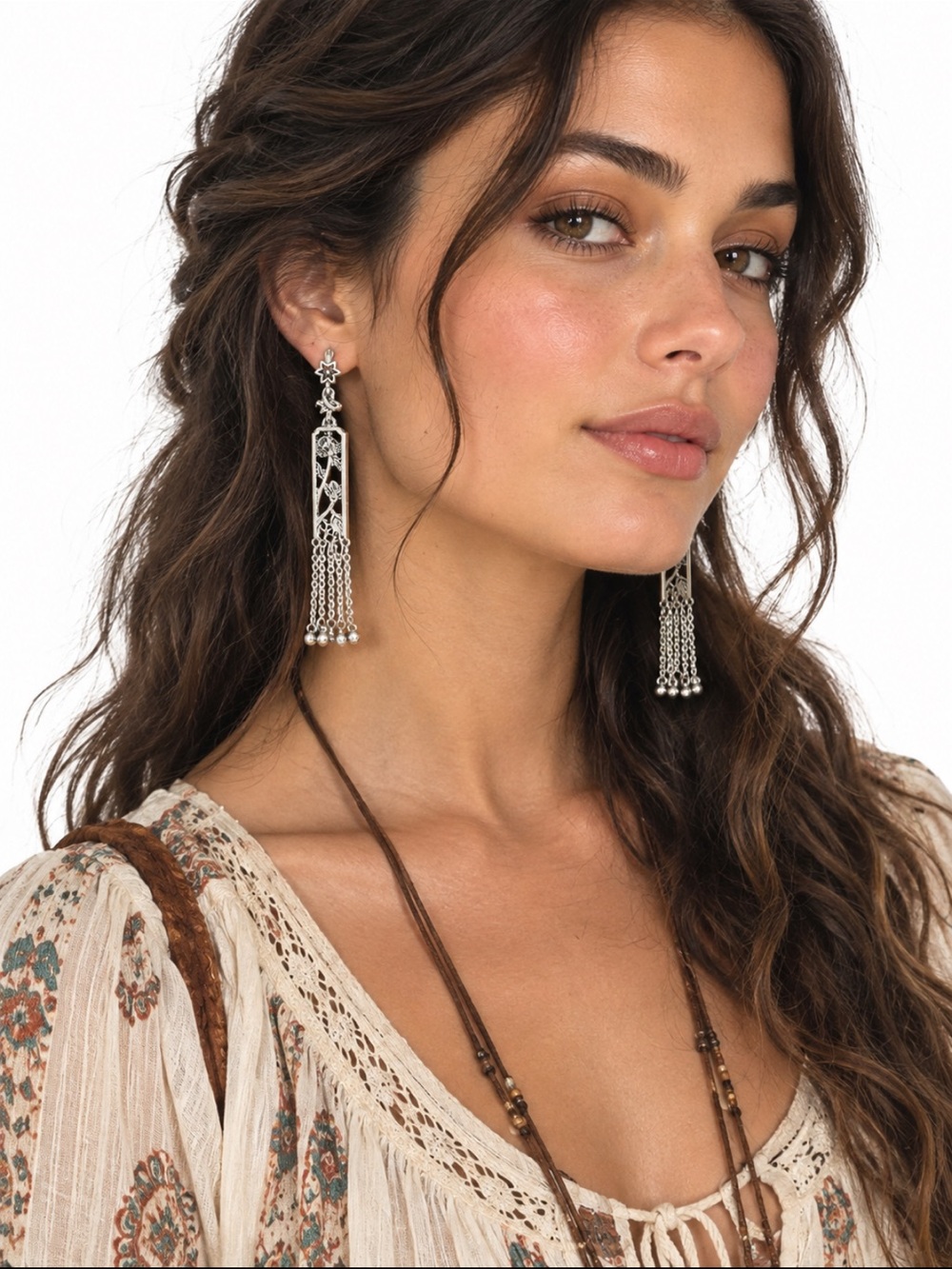Silver Floral Earrings With Dangling  Tassels - Women Jewelry